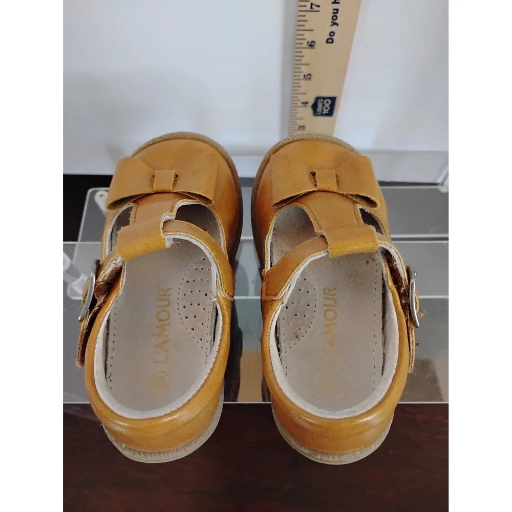 L'Amour Toddler Girls Mustard Yellow Leather‎ Bow T-Strap Mary Jane Shoes Size5